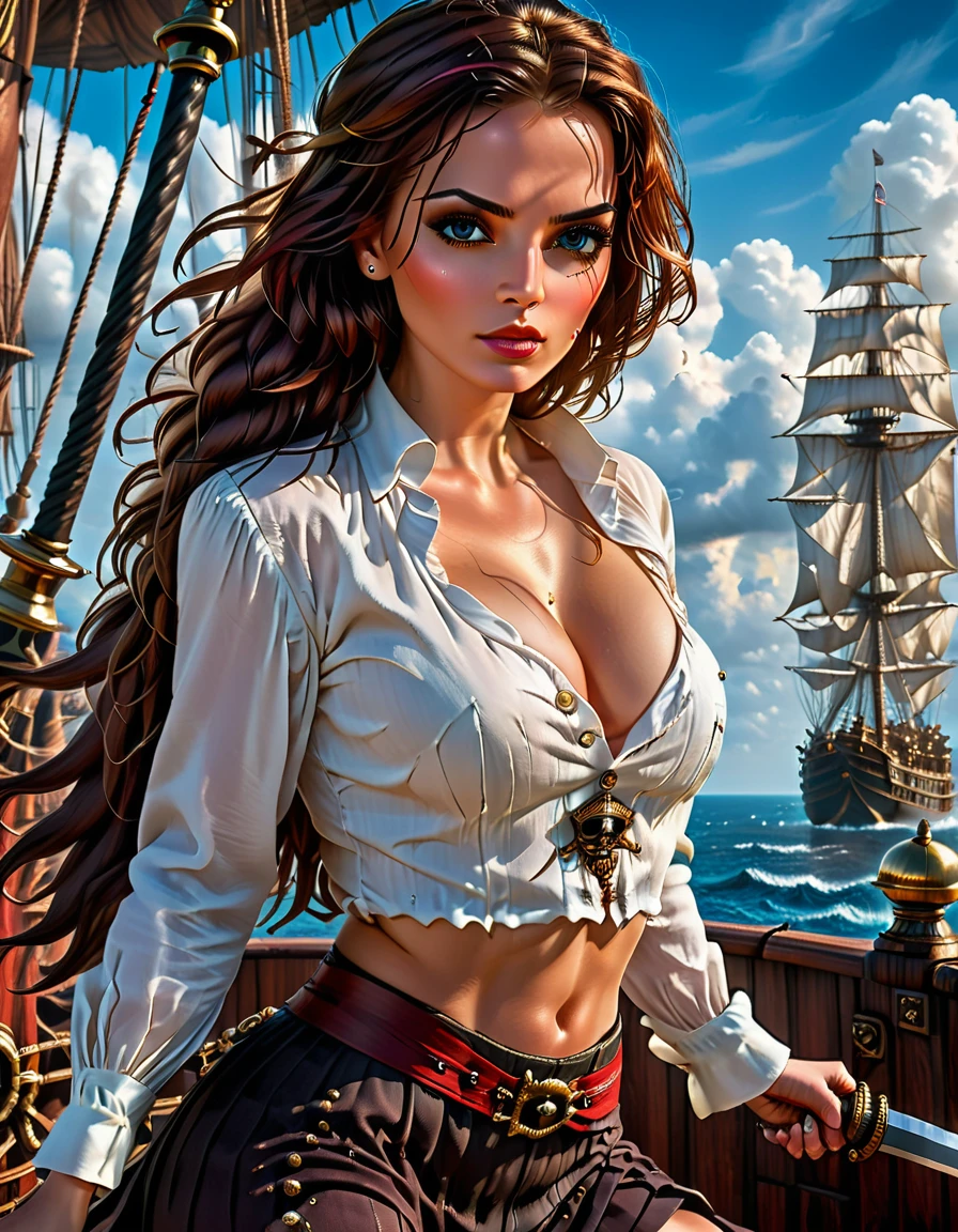 a portrait of a woman pirate holding a saber on a pirate ship ready for battle, ((full body: 1.5)), ((anatomically correct: 1.5)), (ultra detailed face: 1.2), looking tense, looking dangerous,  dynamic eye color. dynamic hair color, dynamic hair style dynamic skin complexion, wearing 18th century white button shirt, busty , wearing  wearing high heeled boots, sunny day, sun rays, some clouds,18th century pirate ship background,  vibrant, Ultra-high resolution, High Contrast, (masterpiece:1.5), highest quality, Best aesthetics), best details, best quality, highres, 16k, (ultra detailed: 1.5), masterpiece, best quality, (extremely detailed) RAW, (ultra details, Masterpiece, best quality), Hyperrealism style, holding sword, Intense gaze