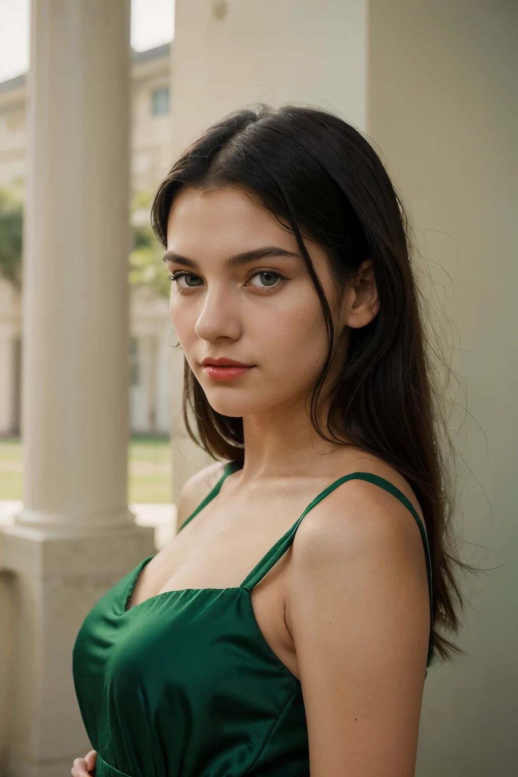 Portrait of a handsome teenager, 16 years, , Elaborate Dress, soft smile, Red lips, black hair, green eyes, Realism, digital painting, conceptual art, smooth, Sharp Focus, Rule of thirds