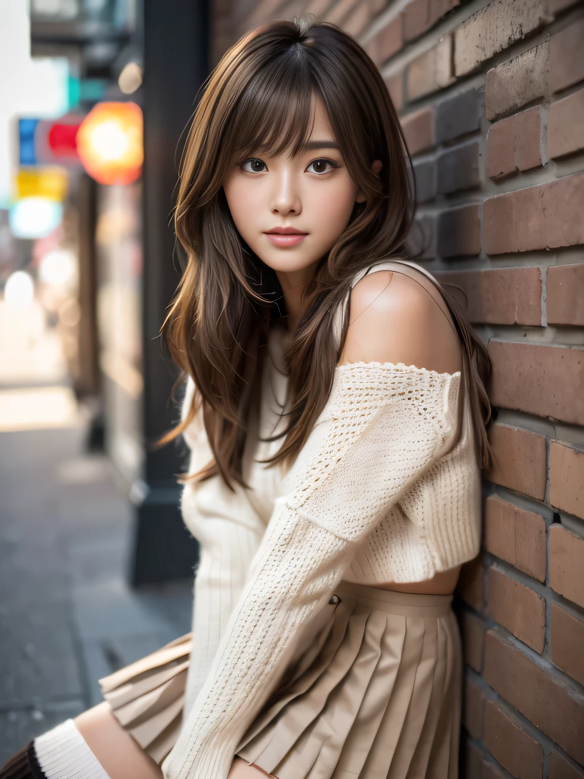 masterpiece, best quality, ultra-detailed, hyperdetailed, realistic, sharp features, highly detailed, sharp focus, Realistic, Photorealistic:1.3, (19 years old:1.3), perfect face, perfect symmetrically eyes, perfect lips, (no makeup), hyper detailed, hyper realistic, high resolution, Fashion Model, Japanese Idol, Slender, brown hair, Stylish, Beautiful Face, light brown hair, messy hair, diagonal bangs, (seductive smile), (looking at viewer), cinematic lighting, blurred background, (knit:1.2), ((Pleated miniskirt, black high socks)), (leaning on wall),