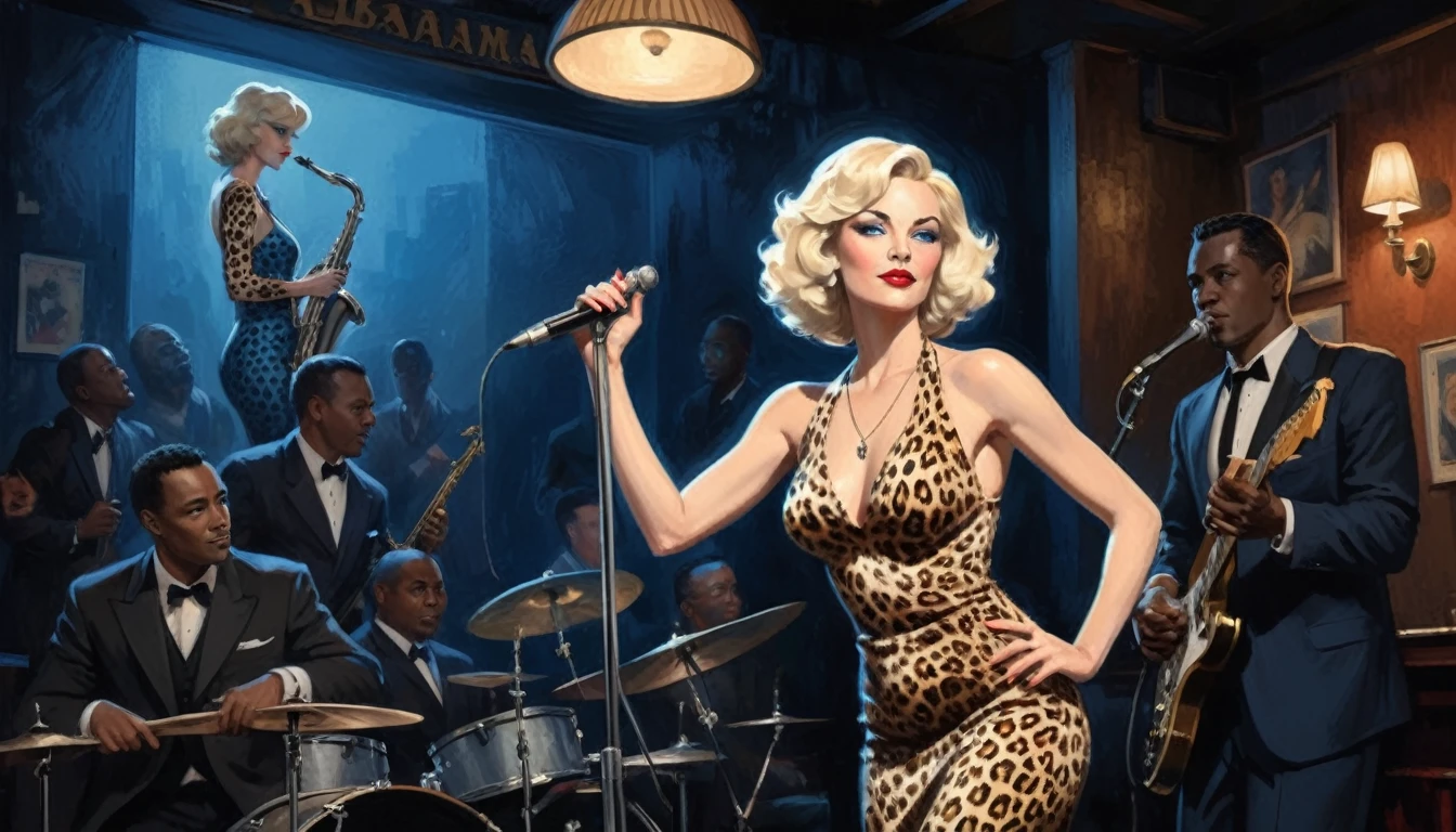 alabama bar, blue note, charismatic, baterist, guitarist, saxophonist, jazz band, leopard skin dress, illustration, noir fantasy, singer blonde lady, 