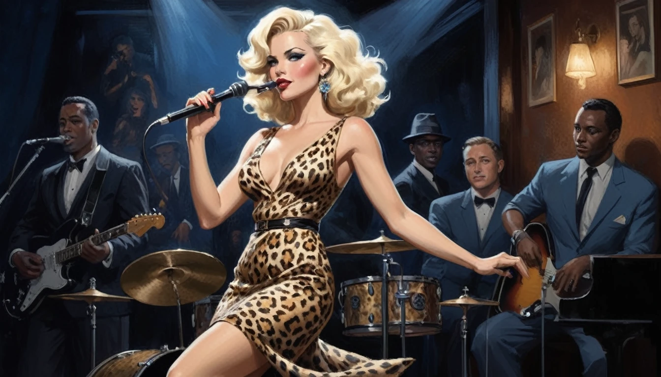alabama bar, blue note, charismatic, baterist, guitarist, saxophonist, jazz band, leopard skin dress, illustration, noir fantasy, singer blonde lady, 