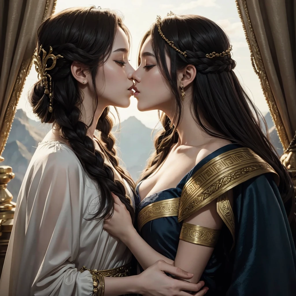 Mythology Male and female kissing, full shot head to toe