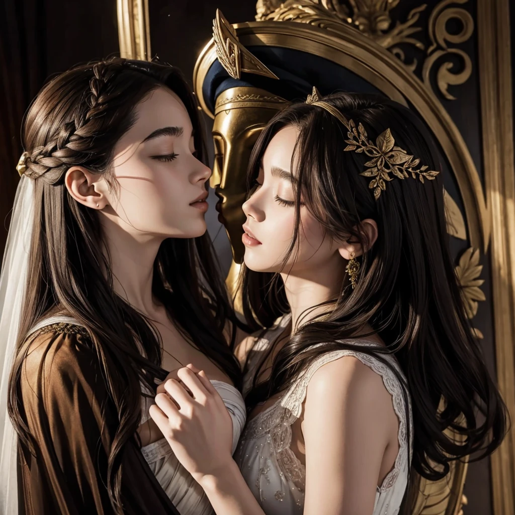 Mythology Male and female kissing, full shot head to toe