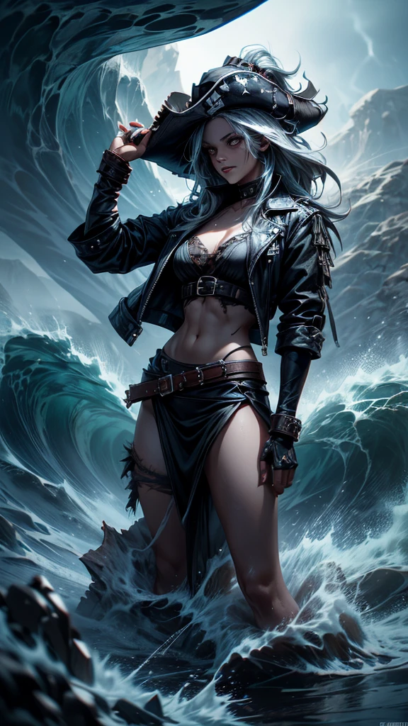 1 female skeleton pirate:1.2, with torn clothes, dark tone, scary scene, big wave, thunder, raining, high quality, high detailed, masterpiece, 8k, cinematic lighting, superrealistic, long exposure, full body shot, lightening, dressart