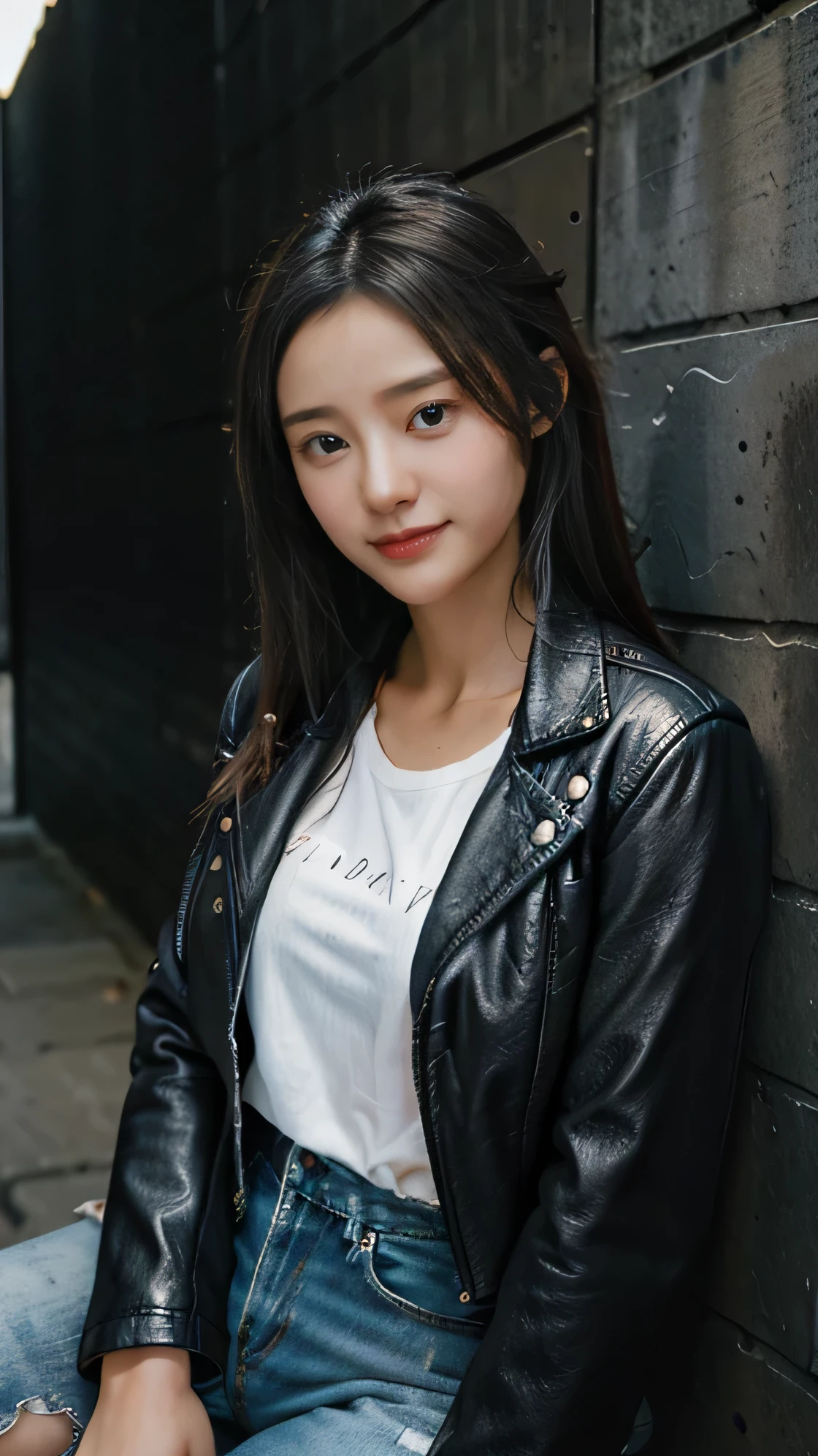 Photorealistic portrait of a young woman with a warm smile, wearing a black leather jacket over a white t-shirt, wear black denim, sit against a wall. The overall mood is modern and artistic, with a touch of elegance and creativity. The image should have balanced lighting and a realistic texture .