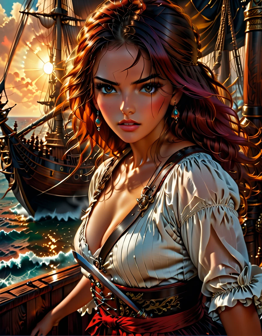 a portrait of a woman pirate holding a saber on a pirate ship ready for battle, ((full body: 1.5)), ((anatomically correct: 1.5)), (ultra detailed face: 1.2), looking tense, looking dangerous,  dynamic eye color. dynamic hair color, dynamic hair style dynamic skin complexion, wearing 18th century white button shirt, busty , wearing  wearing high heeled boots, sunny day, sun rays, some clouds,18th century pirate ship background,  vibrant, Ultra-high resolution, High Contrast, (masterpiece:1.5), highest quality, Best aesthetics), best details, best quality, highres, 16k, (ultra detailed: 1.5), masterpiece, best quality, (extremely detailed) RAW, (ultra details, Masterpiece, best quality), Hyperrealism style, holding sword, Intense gaze, holding sword rapier