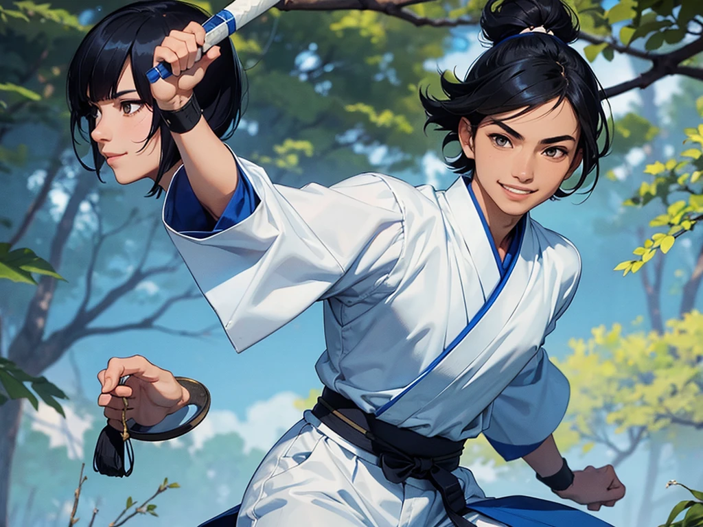 A young athletic samurai with a confident smile. He wears a white and blue outfit, and her black hair is cut short. at the forest.
