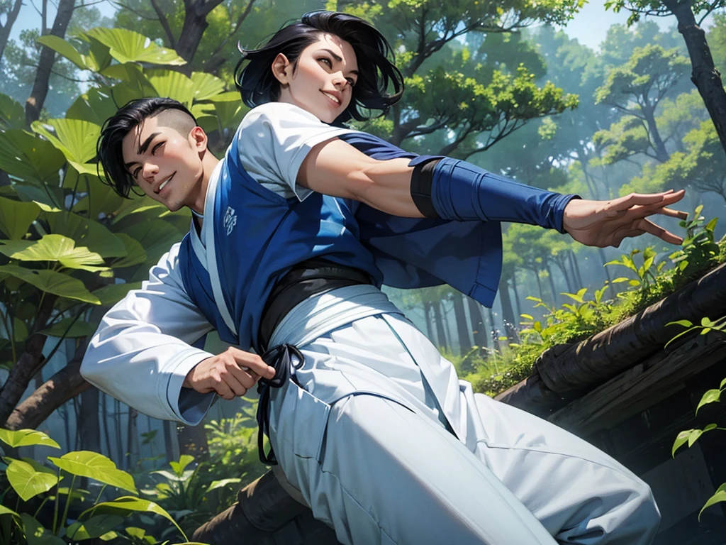 A young athletic samurai with a confident smile. He wears a white and blue outfit, and her black hair is cut short. at the forest.