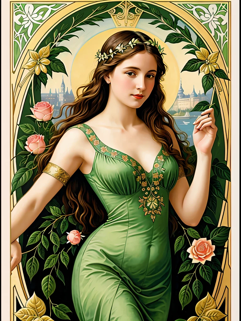 Detailed art nouveau painting, high quality, elegant woman full of grace, lion necklace, whole body