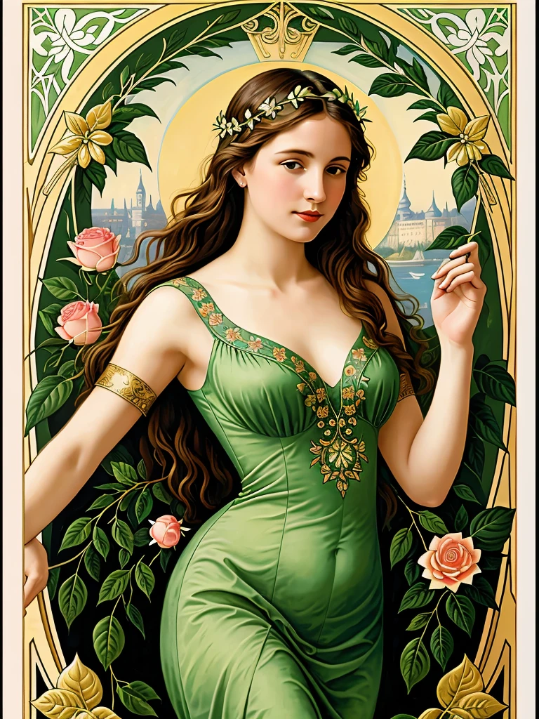 Detailed art nouveau painting, high quality, elegant woman full of grace, lion necklace, whole body
