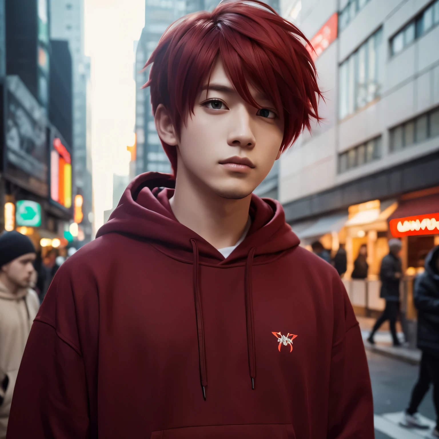 Red hair, Character portrait, hoodie, Background blur, Anime Style, Character Design, male,