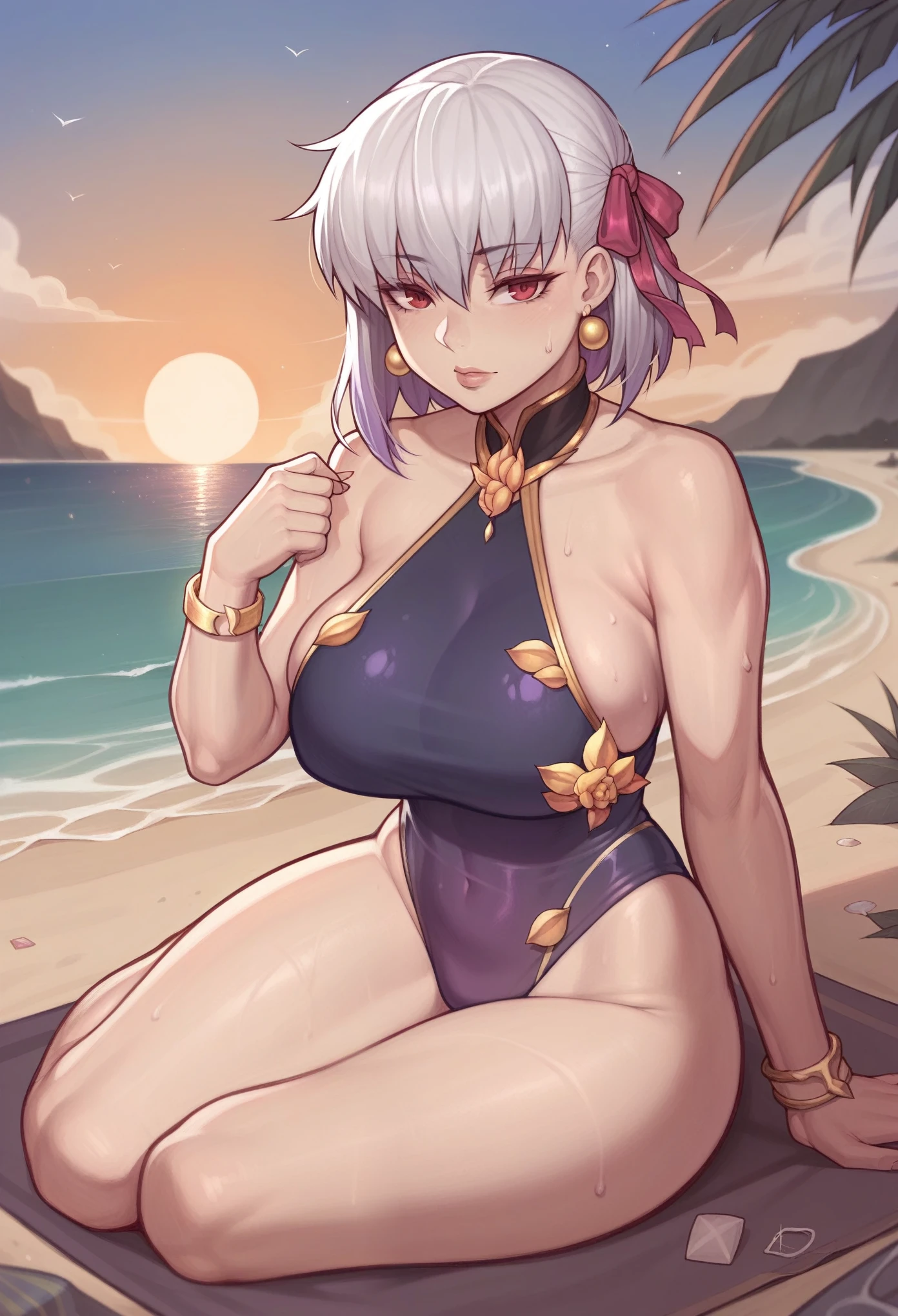 _asura style, 1girl, solo, large breasts, kama (fate), swimsuit, beach, evening, sunset