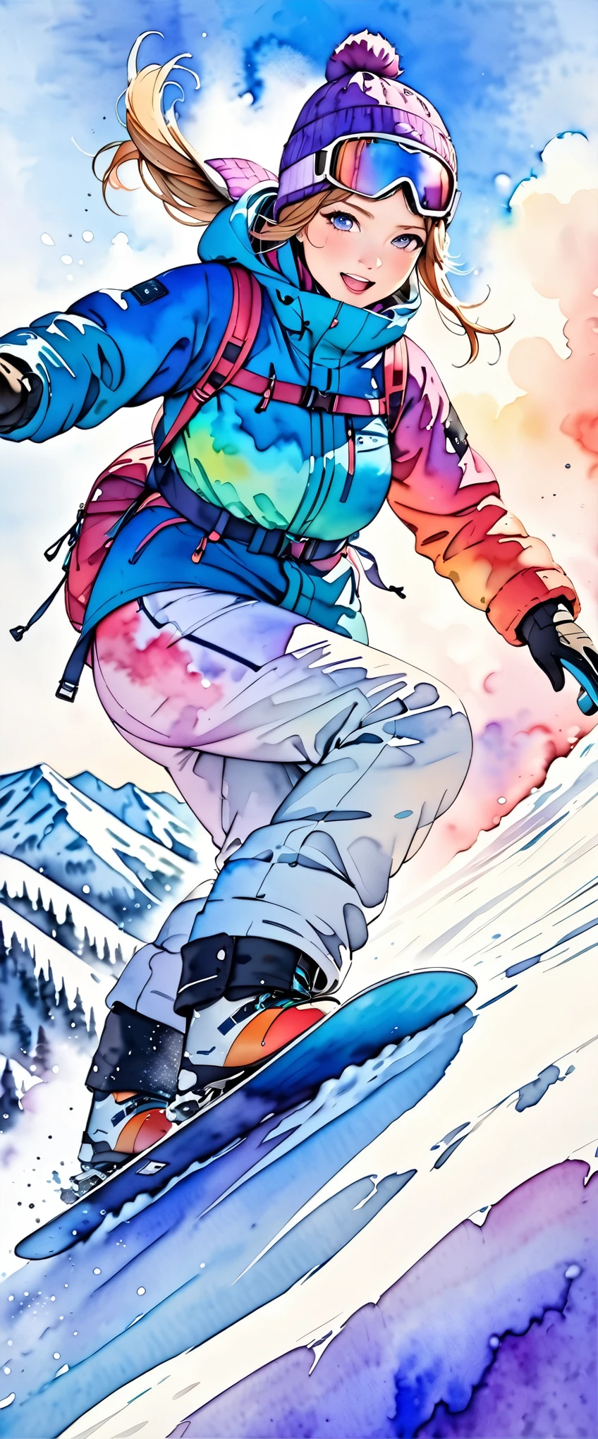 (masterpiece:1.2, Highest quality,Highest quality,Very detailedな:1.2),(Very detailed),8k,(watercolor:1.3),A woman snowboarding,Backcountry,Powder snow,(From below),(Beautiful gradation created by layering),(Tarashikomi technique),(dynamic:1.6)