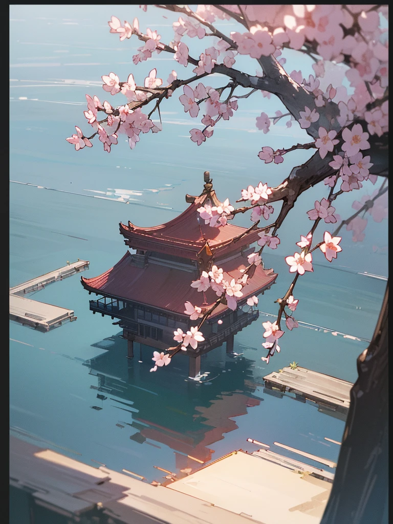 (((best quality, sharp image, clear image, cinematic lighting, 8k resolution, masterpiece, ultra detailed))) japanese water temple, landscape, sakura blossom in foreground.