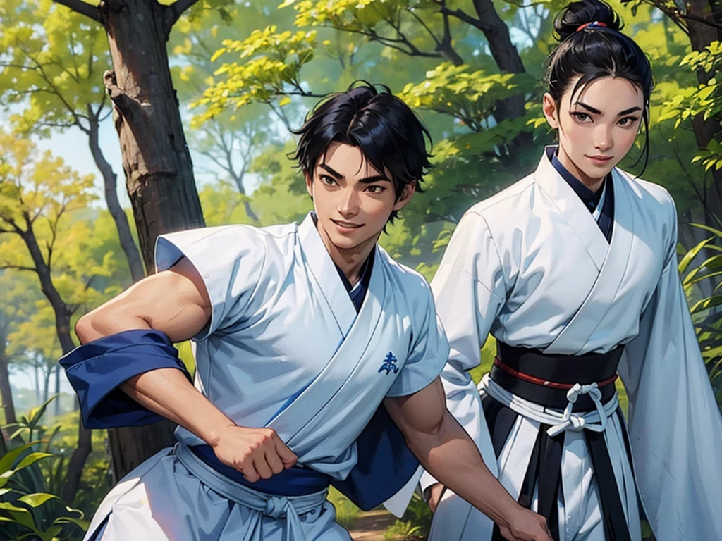 A young athletic samurai boy with a confident smile. He wears a white and blue outfit, and her black hair is cut short. at the forest.