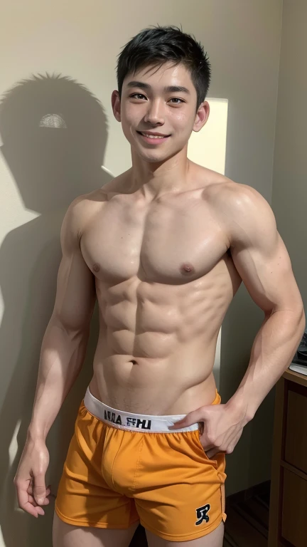 Japanese men、、Muscles and smooth skin、A shaved head baseball player、A relaxed and friendly smile、Orange and yellow thin boxer briefs、The whole body is well visible、
