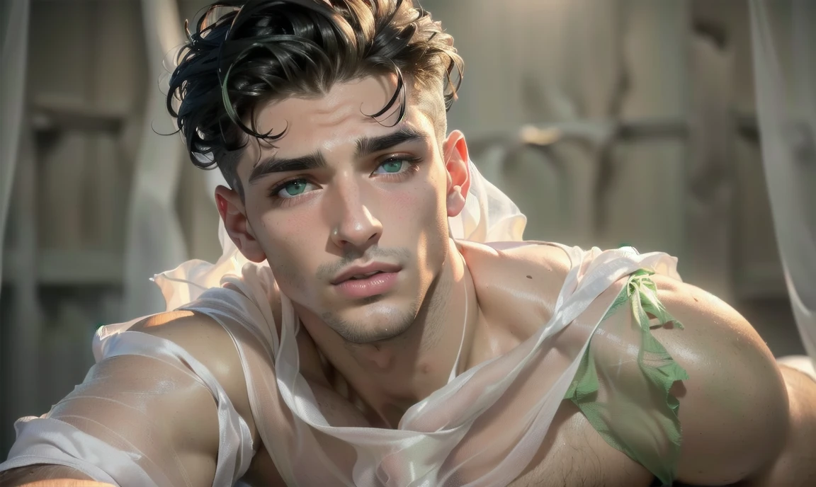 "((highly detailed, detailed eyes, detailed face, clear and realistic facial features, photorealistic, realistic light; cinematic)), (1 man), ((((artist studio background)))), (((24-year-old male))), (((seductive sexy erotic gorgeous greek male model))), ((((Greek nose)))), ((strong ethnic Greek appearance)), ((((model is acting seductive)))), ((seductive expression)), (((blushing))), (short dark hair), ((((light green eyes)))), (((long dark natural eyelashes))), (((clean-shaven face))), (((posing with body draped in a a sheer white silk sheet))."