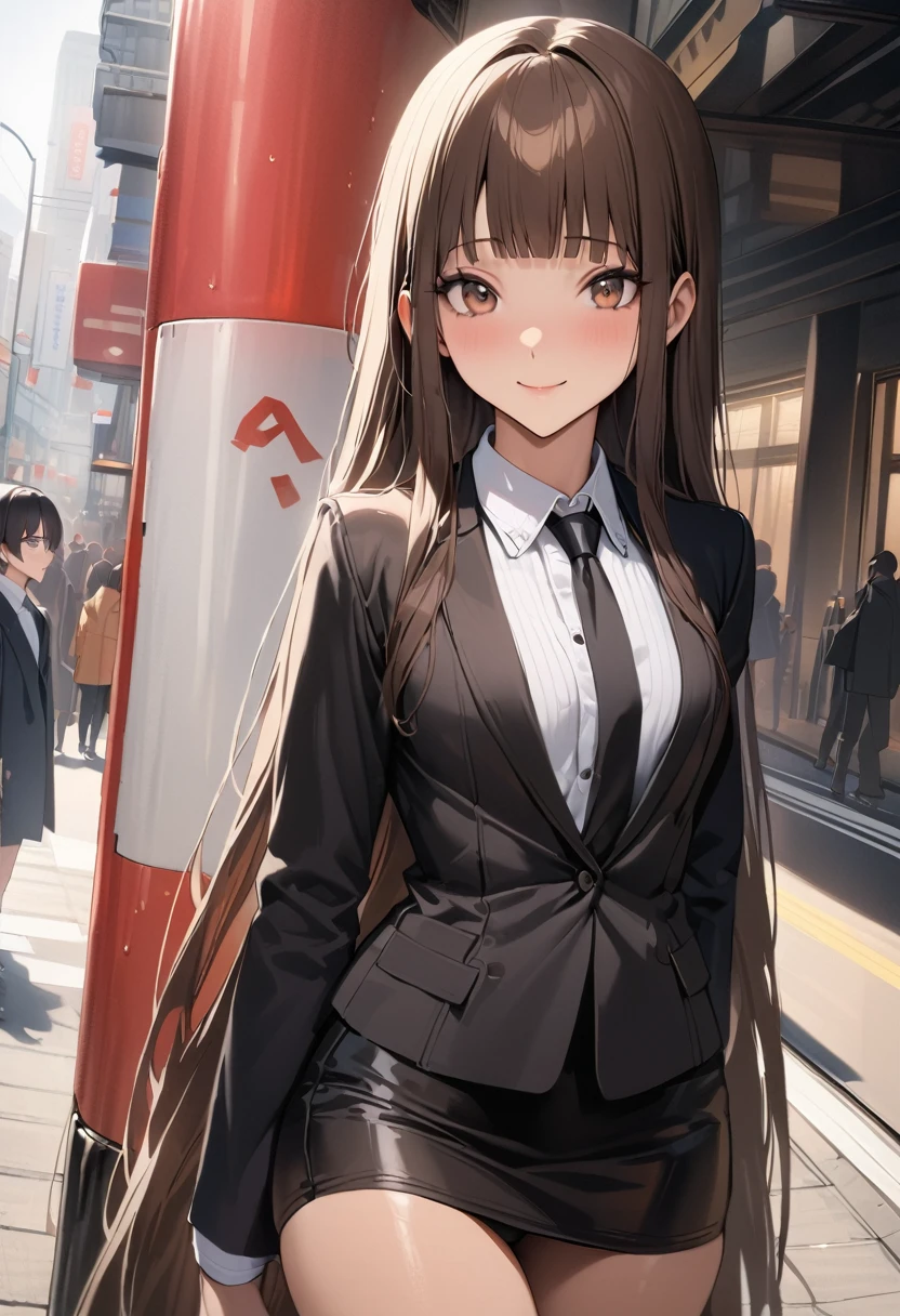 ((masterpiece,best quality anime,Highest quality:1.3)),realistic,(cowboy shot),23-year-old beauty,独奏,1woman,((very small head:1.3)),((very long body:1.2)),ideal ratio body proportions,(tan skin),brown hair,bangs,straight long hair,gorgeous eyes,brown eyes,smile,(Black formal jacket、Black tie、Black tight mini skirt),White collared shirt、((slender body,skinny,toned body)),small breasts,gleaming skin,、on street,Shibuya Station、、