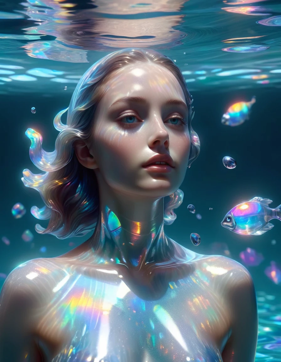 Beautiful woman,,Swimming in the water,the body is transparent,Beautiful as crystal,Elegant appearance,Emits a healing aura., Holographic fabric that changes color and texture, Psychedelic patterns, Sparkling Illusions, Haute Couture Illusion, The Holo-Delirium Epidemic, An environment filled with constantly changing holographic projections and disorienting imagery.,detailed, , 