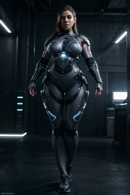 beautiful cyborg chubby woman, full body standing, gray leggings, highly detailed, ultra-realistic, 8k, photorealistic, professional digital art, dramatic lighting, cinematic colors, dynamic pose, intricate machinery and cybernetic enhancements, glowing eyes, sharp focus, hyper detailed