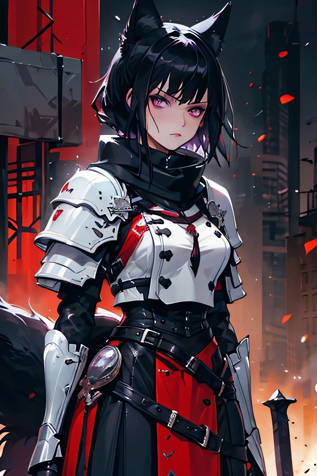 A woman with purple eyes, aloof expression, seven black fox tails, large fox ears, and black flowing hair, in a black plate armor with a purple scarf, (best quality,4k,8k,highres,masterpiece:1.2),ultra-detailed,,HDR,UHD,studio lighting,ultra-fine painting,sharp focus,physically-based rendering,extreme detail description,professional,vivid colors,bokeh,atmospheric,dramatic lighting
