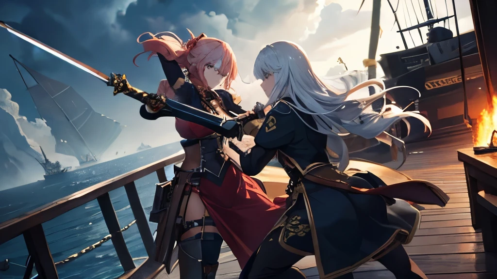 Fascinating sword fight、Dynamic Movement、Two attractive pirate ladies、fight、intense、On the deck of the ship、war、storm、anime、Very detailed、Anatomically correct。