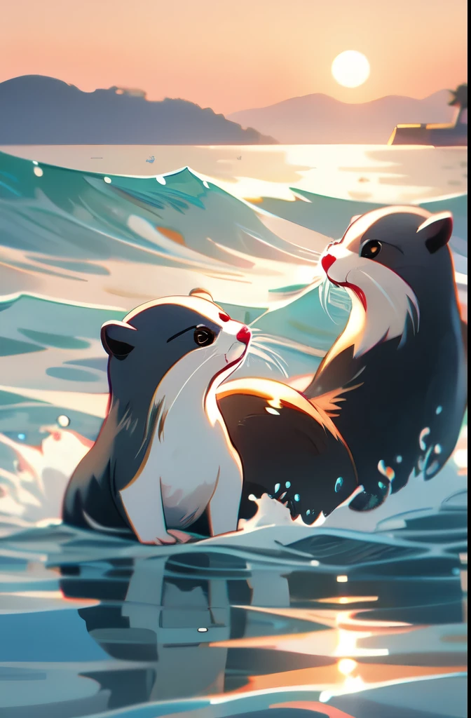 Otters playfully swimming in the ocean.