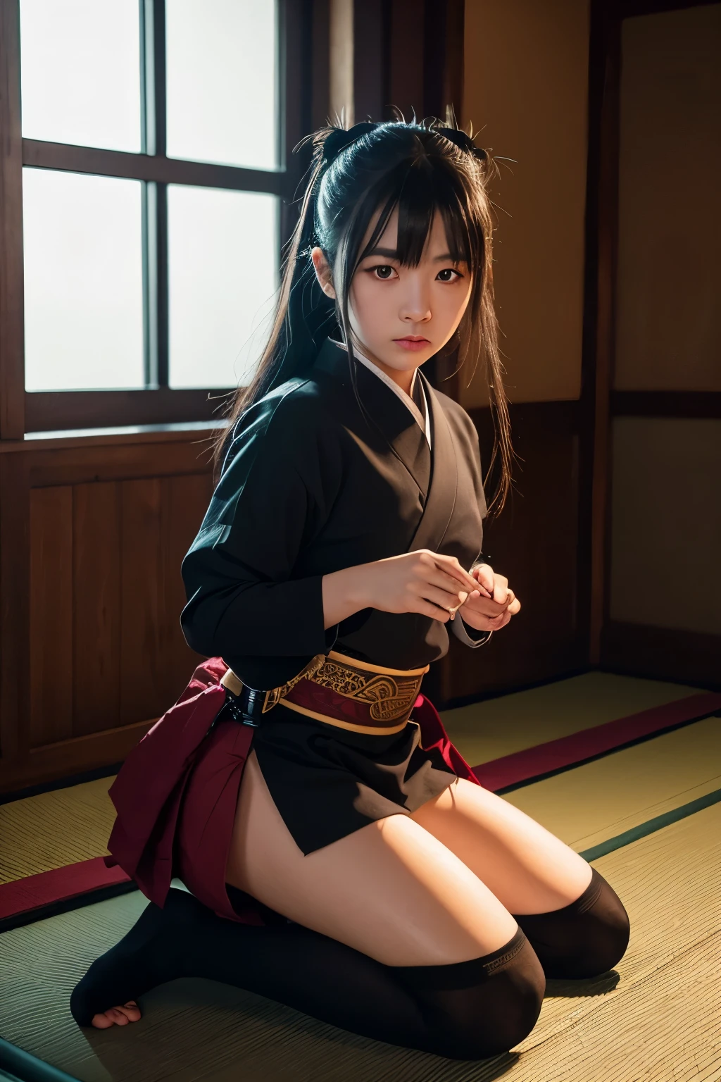 Highest quality、1 girl,Fierce assassin with a sword, Dressed in traditional Japanese ninja costume, Preparing to attack from the shadows. Night view, Ready to conquer the kingdom、Black knee socks