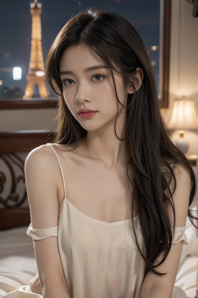 (((best quality))), (((ultra detailed))), (((masterpiece))), illustration,((a beautiful girl,solo)),(collarbone length straight hair:1.3),((slim,thin)),((small breasts,flat chest)),window, city view, twinkling lights,(torn tattered short-sleeved nightgown:1.3), delicate skin, faded walls, peeling paint, dusty carpet, restless bed,(Eiffel Tower:1.3), majestic, twinkling lights, awe, hint of smile, reaching out, tracing outline, magic moment, peace, chaos below, solace, solitude, vision of beauty, tranquility, rough surroundings, edgy beauty, resilience, strength, outlined eyes, hidden fire, soul, million thoughts, dreams, reality blurred,(summer:1.2),(night scene:1.3), vulnerability,beauty of moment, frozen in time, etched in memory,(in dilapidated bedroom:1.3),(rundown hotel:1.3), ((from front,upper body))