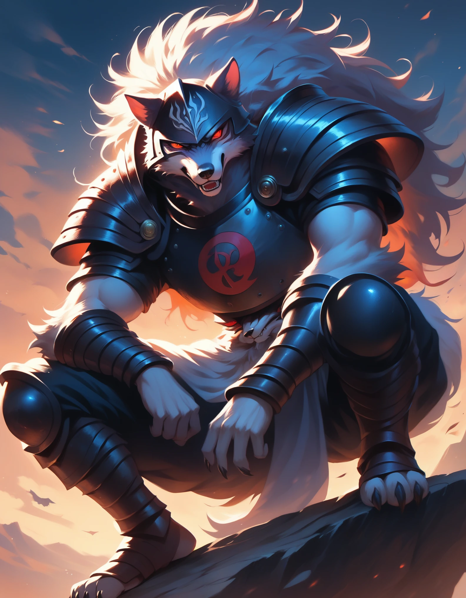 Digital painting featuring a dark, fantasy-themed scene with anatomically correct human Guts berserk proportions, inspired by the style of Kentaro Miura, with a Seinen manga aesthetic. The layout is vertical, with the central subject being a humanoid figure in highly detailed, elaborate, dark armor, perched on a jagged rock formation. The figure has a wolf-like helmet with glowing red eyes and is holding a large, menacing sword over its shoulder. The armor is intricately detailed with sharp, angular designs and a fur-like texture around the shoulders and waist, showcasing a high level of realism. The background is a dramatic, stormy sky with hues of red, purple, and orange, suggesting a sunset or sunrise. The image is rendered in high-quality 4K resolution, with a focus on super detail and realistic textures. "Artvision1999"
