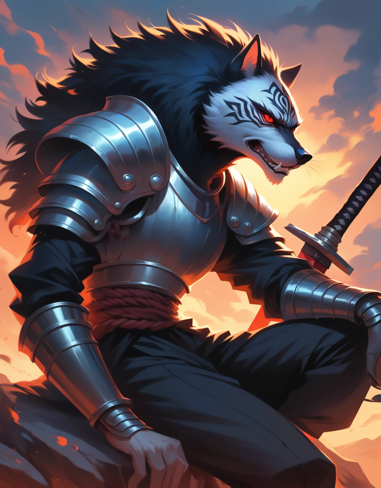 Digital painting featuring a dark, fantasy-themed scene with anatomically correct human Guts berserk proportions, inspired by the style of Kentaro Miura, with a Seinen manga aesthetic. The layout is vertical, with the central subject being a humanoid figure in highly detailed, elaborate, dark armor, perched on a jagged rock formation. The figure has a wolf-like helmet with glowing red eyes and is holding a large, menacing sword over its shoulder. The armor is intricately detailed with sharp, angular designs and a fur-like texture around the shoulders and waist, showcasing a high level of realism. The background is a dramatic, stormy sky with hues of red, purple, and orange, suggesting a sunset or sunrise. The image is rendered in high-quality 4K resolution, with a focus on super detail and realistic textures. "Artvision1999"