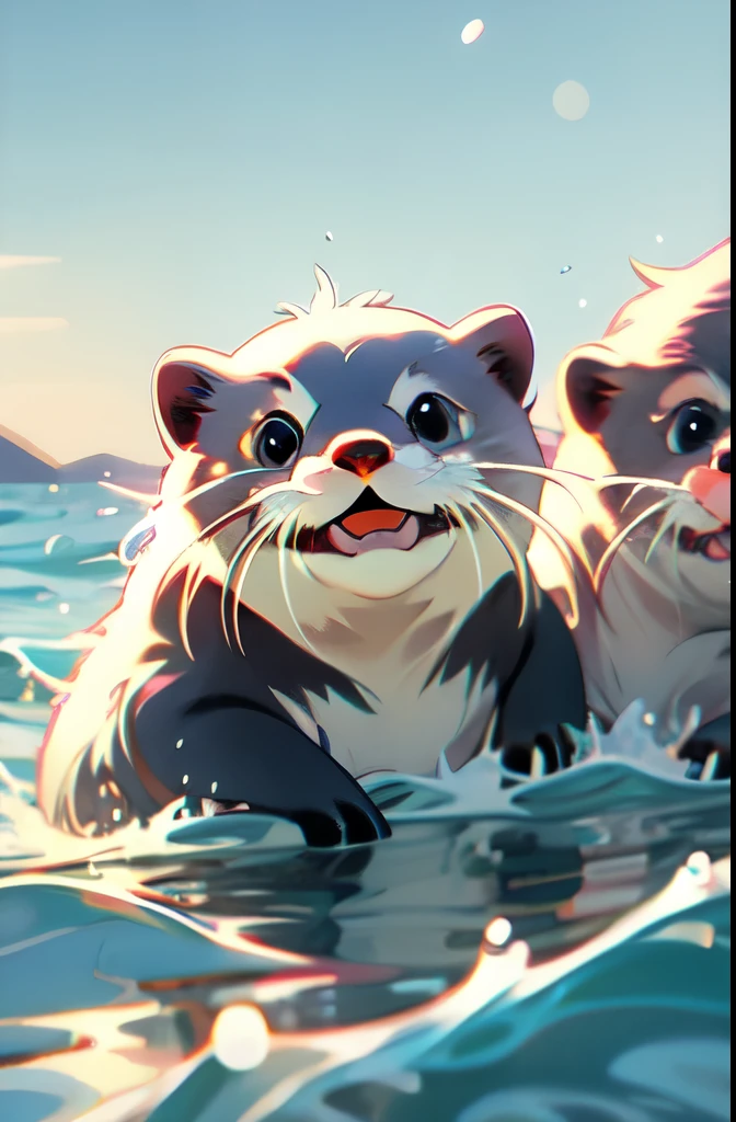 Otters playfully swimming in the ocean.