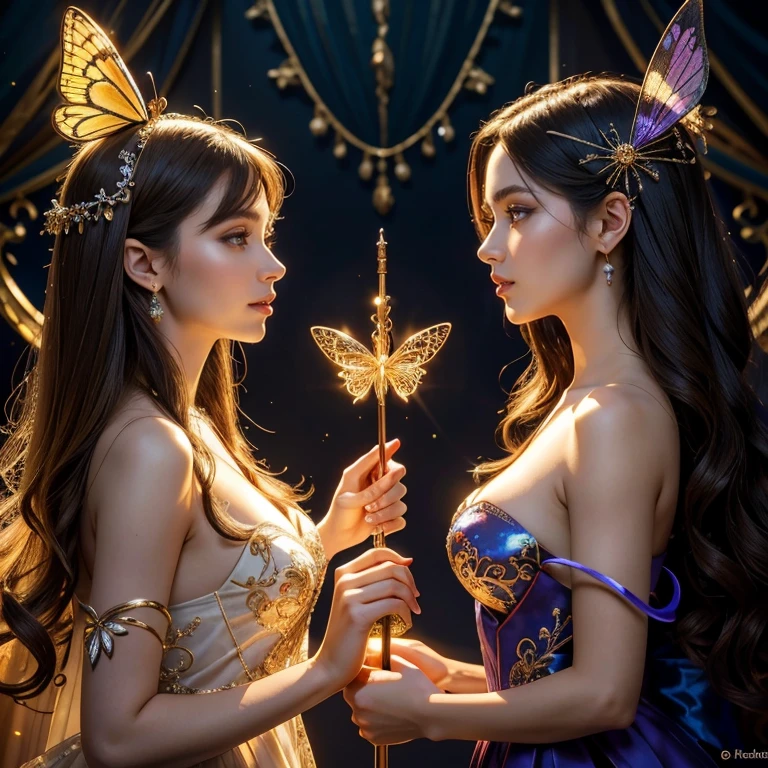 (masterpiece, best quality:1.5), highest quality, High resolution, super detailed, Realists, Upper body photo of a brunette sorceress, detailed and beautiful eyes, beautiful detailed lips, very detailed eyes and face, longeyelashes, shiny satin dress, Holding a wand in your hand and performing a transformation spell, Magic wands present and shiny, Beautiful and colorful makeup, elegant and noble々The jewelry bag, Gardens as background, soft daylight, bright colors, fine brushstrokes, Portrait style, Silk dress fabric, beautiful color palette, glowing skin, First-class rendering, that captures every detail, enchanting atmosphere, subtle shadows and lights, (perfect anatomy:1.2), (The two stunning sorceresses transform spiders into butterflies (a transformation with the magic wand:1.4), (magnificent panorama view:1.2)
