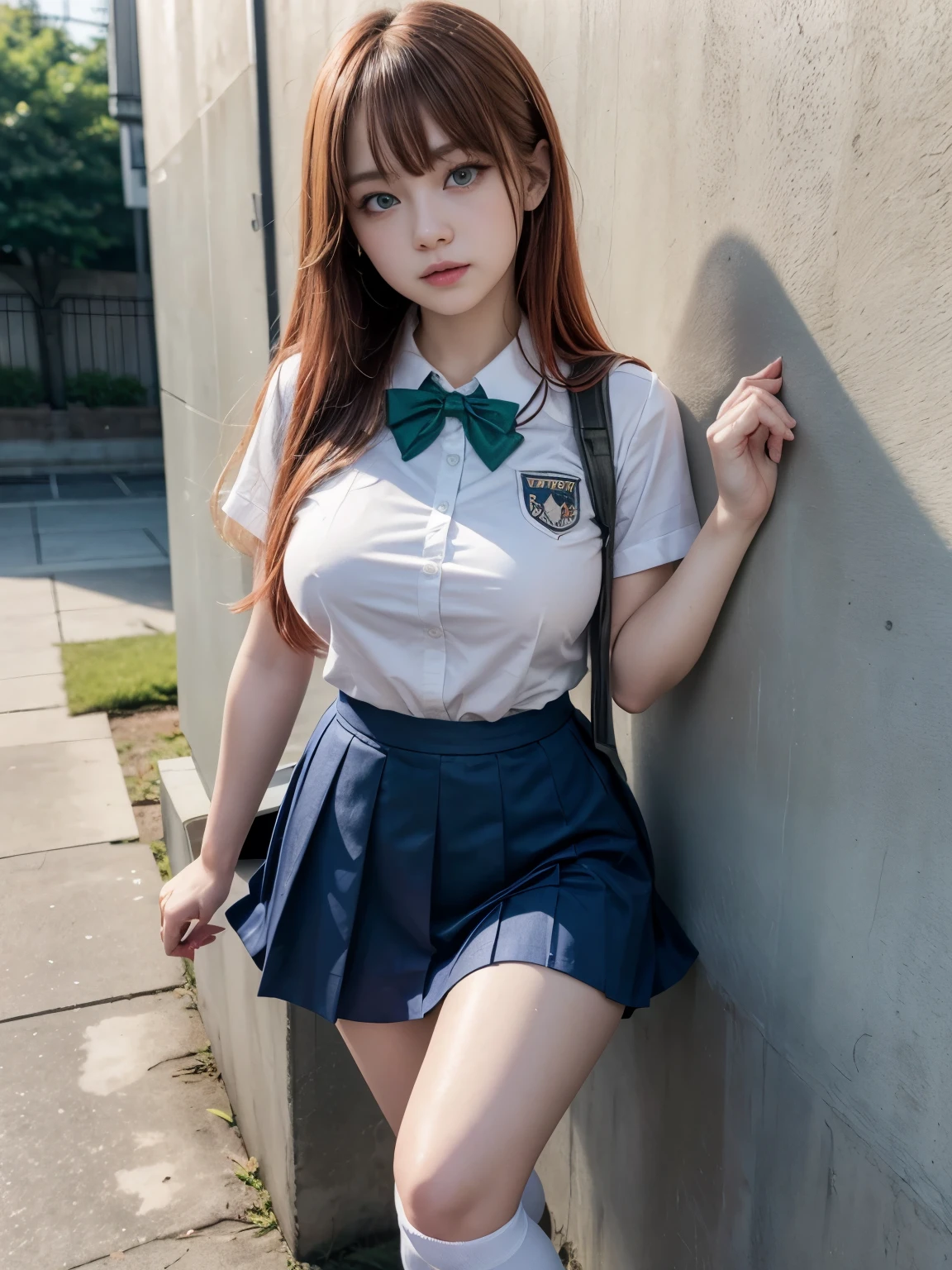 Rias Gremory,blue eyes,Red hair,breasts 38 b,White skin,height 1 meter 52 cm,with school uniform short navy blue skirt,green collar blouse with Conalep emblem,,school shoes,white knee socks,realist