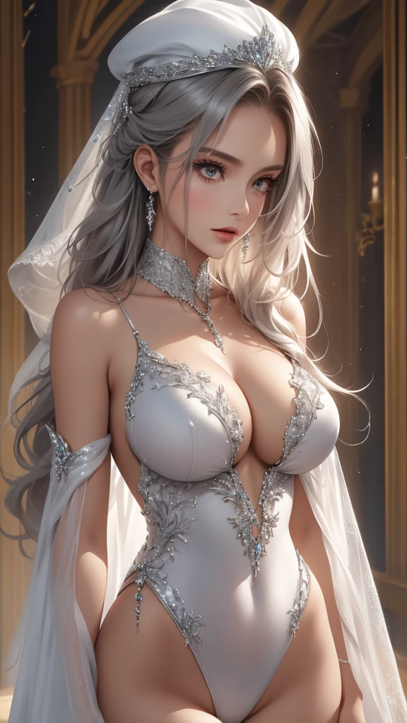 Closeup, Best quality, masterpiece, realistic, Beautiful sexy cool tall, slim, fit woman, wearing fancy silver-white sequin  leotard,cap sleeves, intricate and highly detailed, cleavage, long silver hair, body chain, jewelry