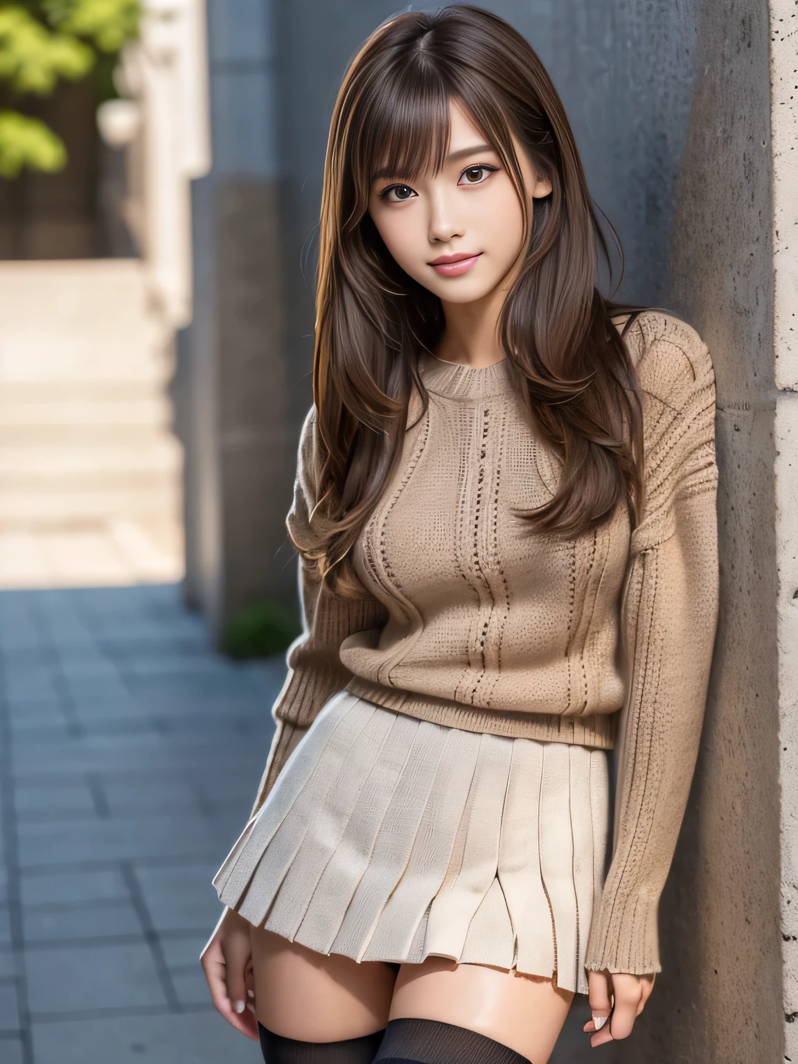 masterpiece, best quality, ultra-detailed, hyperdetailed, realistic, sharp features, highly detailed, sharp focus, Realistic, Photorealistic:1.3, (19 years old:1.3), perfect face, perfect symmetrically eyes, perfect lips, (no makeup), hyper detailed, hyper realistic, high resolution, Fashion Model, Japanese Idol, Slender, brown hair, Stylish, Beautiful Face, light brown hair, messy hair, diagonal bangs, (seductive smile), (looking at viewer), cinematic lighting, blurred background, (knit:1.2), ((Pleated miniskirt, black high socks)), (leaning on wall),