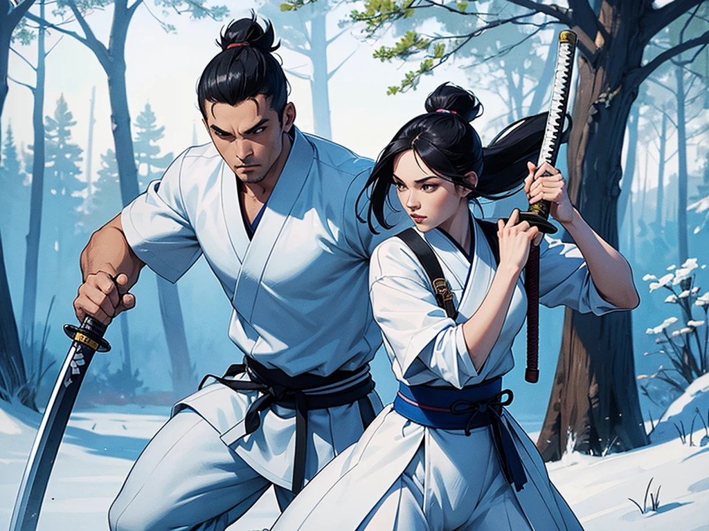 A confident athletic samurai. He wears a white and blue outfit, and her black hair is cut short. He carries a large katana. at the forest.
