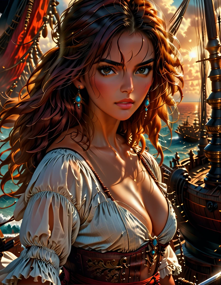 a portrait of a woman pirate holding a ((saber:1.3)) on a pirate ship ready for battle, ((full body: 1.5)), ((anatomically correct: 1.5)), (ultra detailed face: 1.2), looking tense, looking dangerous,  dynamic eye color. dynamic hair color, dynamic hair style dynamic skin complexion, wearing 18th century white button shirt, busty , wearing  wearing high heeled boots, sunny day, sun rays, some clouds,18th century pirate ship background,  vibrant, Ultra-high resolution, High Contrast, (masterpiece:1.5), highest quality, Best aesthetics), best details, best quality, highres, 16k, (ultra detailed: 1.5), masterpiece, best quality, (extremely detailed) RAW, (ultra details, Masterpiece, best quality), Hyperrealism style, holding sword, Intense gaze, holding sword rapier