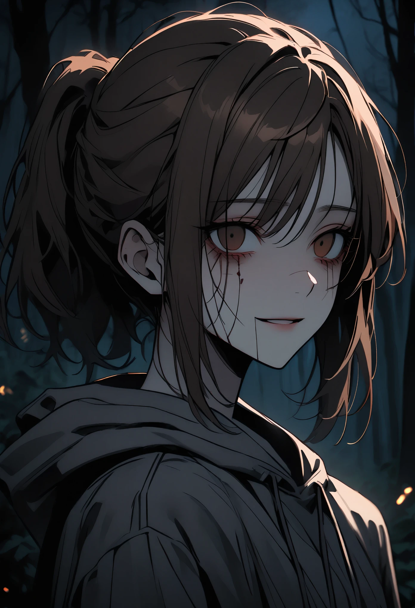 solo, female, close up, night, forest, suspenseful atmosphere, brown hair, high bun, ponytail, brown eyes, empty eyes, grey hoodie, unsettling smile, dead eyes, skinwalker in the skin of a loved one