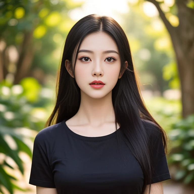 An Araf girl wears a red round-neck t-shirt., Portrait in the middle of a shot, Portrait 8 k, instagram post, Southeast Asians with round faces, Age 2 4 years, Thai anime,black hair, ponytail,Extra long hair 2 meters, With a torn cropped t-shirt, beautiful female model, Trending on cgstation, วัดChest 36 inches “Very large chest.,, Chest 36 inches “Very large chest., Beautiful digital artและงดงาม, Beautiful digital art