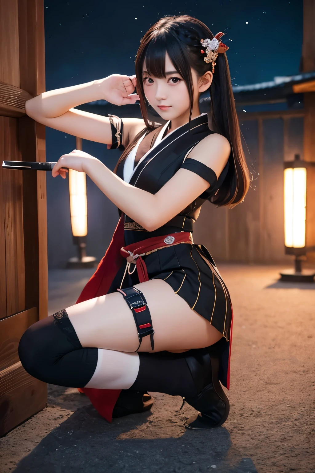 Highest quality、1 girl,Cute like an idol、Fierce assassin with a sword, Dressed in traditional Japanese ninja costume, Preparing to attack from the shadows. Night view, Ready to conquer the kingdom、Black knee socks