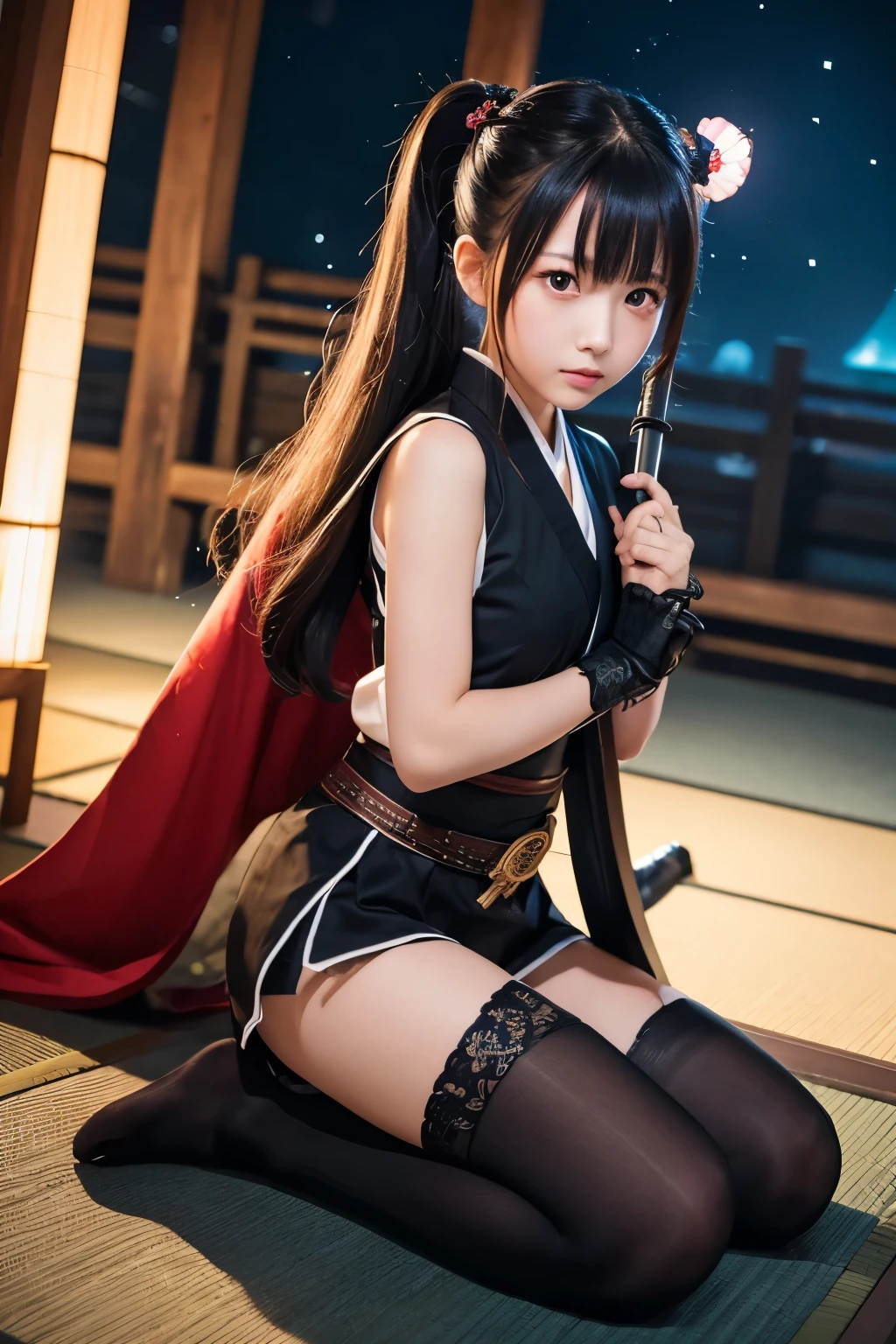 Highest quality、1 girl,Cute like an idol、Fierce assassin with a sword, Dressed in traditional Japanese ninja costume, Preparing to attack from the shadows. Night view, Ready to conquer the kingdom、Black knee socks