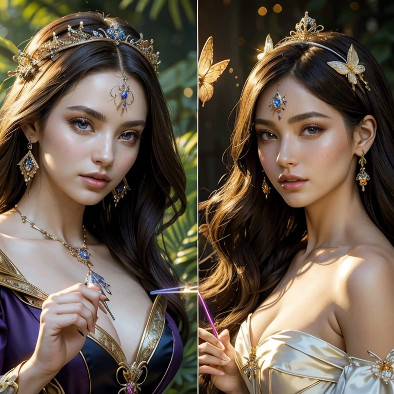 (masterpiece, best quality:1.5), highest quality, High resolution, super detailed, Realists, Upper body photo of a brunette sorceress, detailed and beautiful eyes, beautiful detailed lips, very detailed eyes and face, longeyelashes, shiny satin dress, Holding a wand in your hand and performing a transformation spell, Magic wands present and shiny, Beautiful and colorful makeup, elegant and noble々The jewelry bag, Gardens as background, soft daylight, bright colors, fine brushstrokes, Portrait style, Silk dress fabric, beautiful color palette, glowing skin, First-class rendering, that captures every detail, enchanting atmosphere, subtle shadows and lights, (perfect anatomy:1.2), (The two stunning sorceresses transform spiders into butterflies (a transformation with the magic wand:1.4), (magnificent panorama view:1.2)