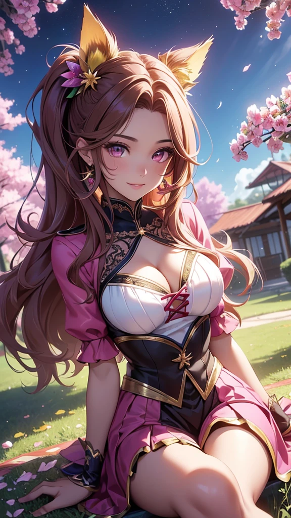 (best quality,4k,8k,highres,masterpiece:1.2),ultra-detailed,(realistic,photorealistic,photo-realistic:1.37),acrylic painting,beautiful Brazilian model in a uniform outfit red and gold with downy hair,beautiful Brazilian model with extremely colorful brown hair and detailed facial features,beautiful Brazilian model standing in a beautiful garden surrounded by a starry sky,brown hair,beautiful Brazilian model wearing a vibrant magenta uniform outfit,beautiful Brazilian model with intricate accessories,cat ears, ,beautiful Brazilian model with long flowing twintails,beautiful Brazilian model with bright brown eyes and rosy lips,beautiful Brazilian model with a joyful expression,beautiful Brazilian model in a dynamic pose with cherry blossoms falling around her,beautiful Brazilian model surrounded by colorful flowers and butterflies,beautiful Brazilian model's school uniform outfit adorned with cute bows and lace details Magenta,beautiful Brazilian model with an enchanting smile,beautiful Brazilian model with soft, pastel-colored shading,beautiful Brazilian model with a magical glow illuminating her,beautiful Brazilian model in a picturesque setting with a winding path leading to a magnificent castle,beautiful Brazilian model with a fairytale-like background,beautiful Brazilian model with a soft, dreamy atmosphere,beautiful Brazilian model with a subtle bokeh effect,beautiful Brazilian model standing under a sunny sky,beautiful Brazilian model with a warm, golden sunset in the background,beautiful Brazilian model surrounded by twinkling stars and colorful nebulae,creating an ethereal and captivating artistic masterpiece, sitting down, facing camera.