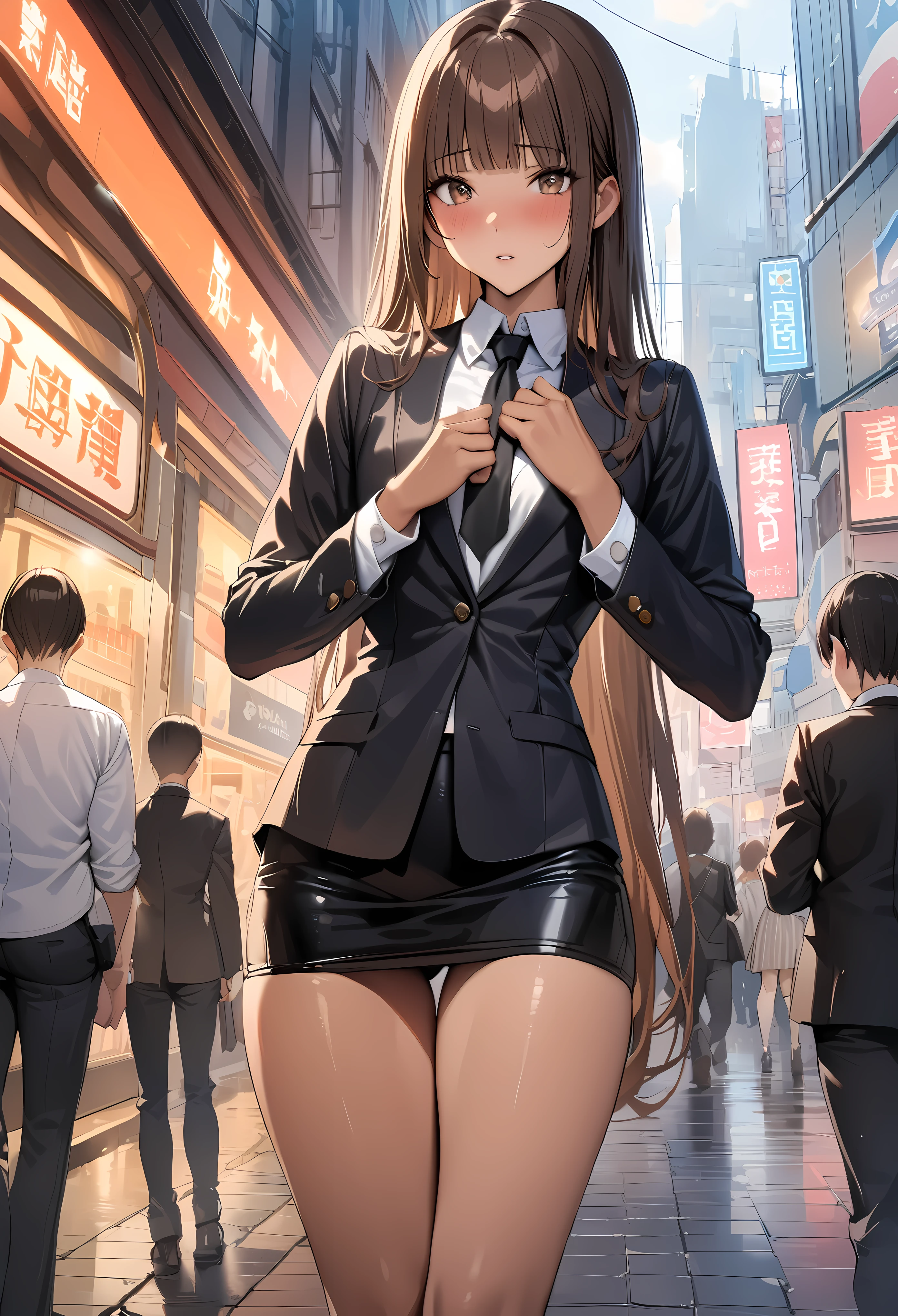 ((masterpiece,best quality anime,Highest quality:1.3)),realistic,cowboy shot,23-year-old beauty,solo,1woman,((very small head:1.3)),((very long body:1.2)),ideal ratio body proportions,(tan skin),brown hair,bangs,straight long hair,gorgeous eyes,brown eyes,blush,(Black formal jacket、Black tie、Black tight mini skirt),White collared shirt、((slender body,skinny,toned body)),small breasts,gleaming skin,、on street,Shibuya Station、、