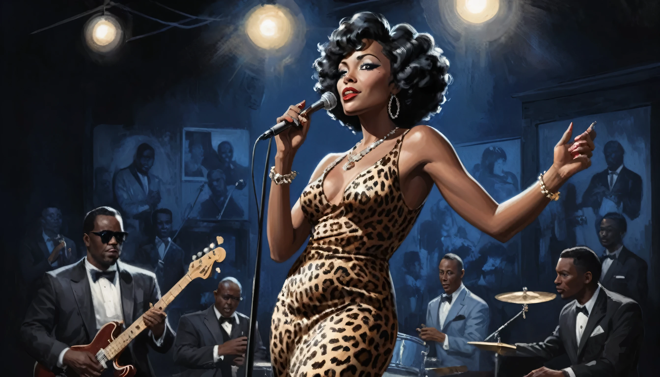 alabama bar, blue note, charismatic, baterist, guitarist, saxophonist, jazz band, leopard skin dress, illustration, noir fantasy, singer black lady, 