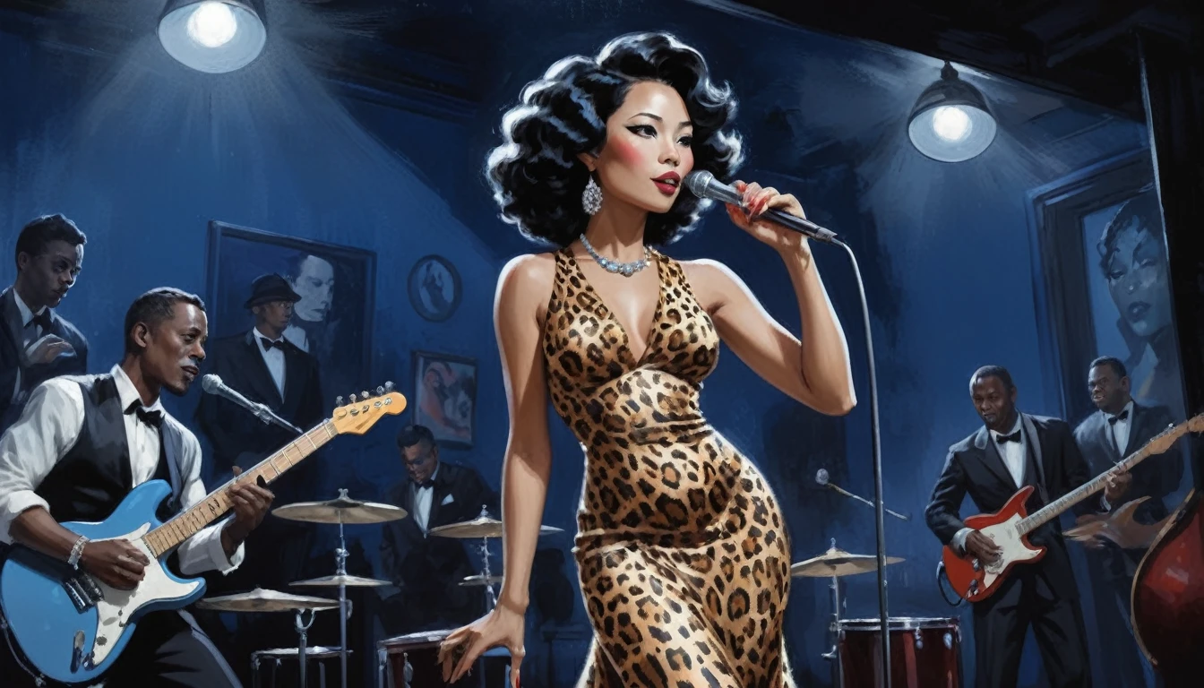 alabama bar, blue note, charismatic, baterist, guitarist, saxophonist, jazz band, leopard skin dress, illustration, noir fantasy, singer asia lady, 