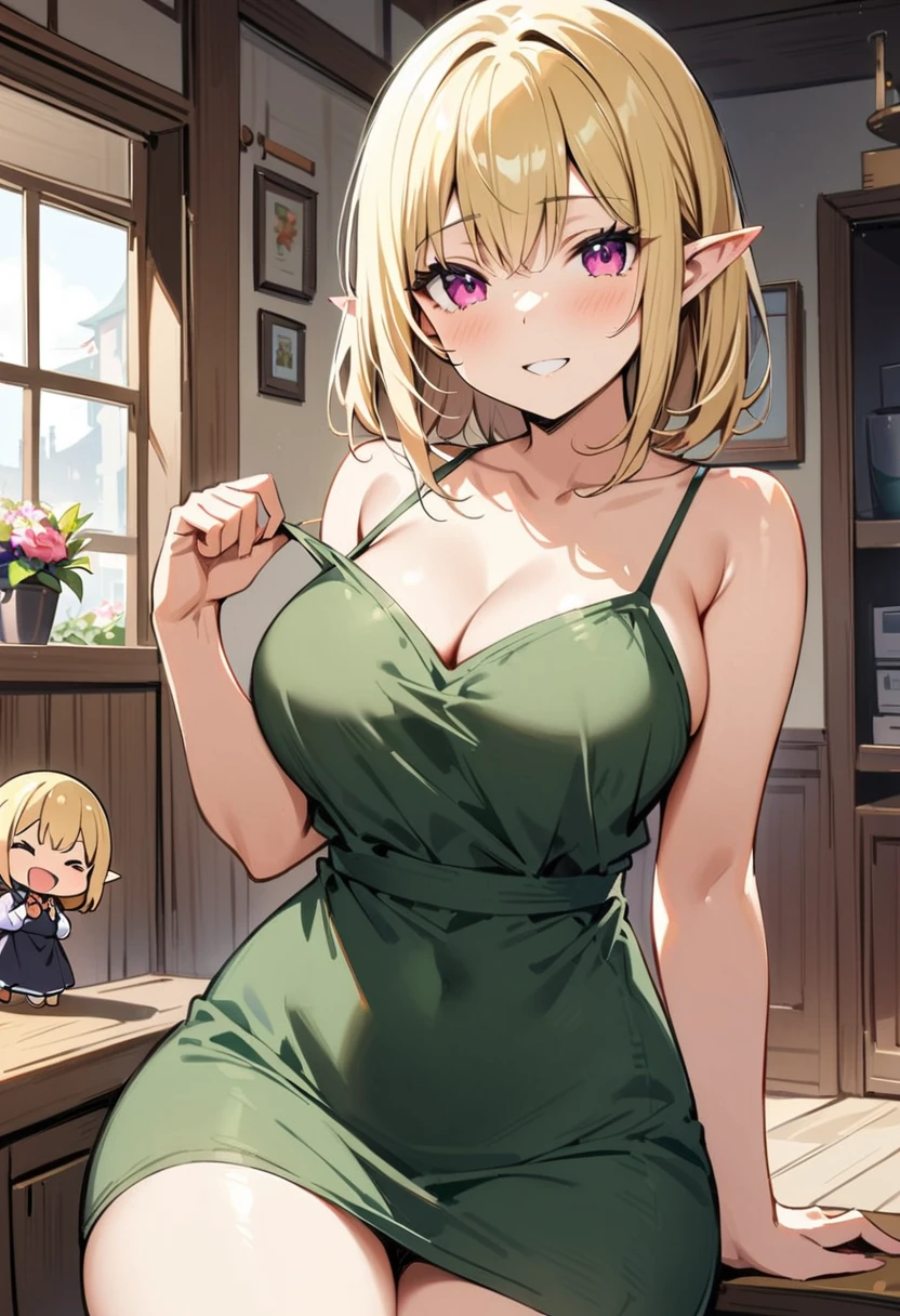 ((Best Quality)), ((masterpiece)), (detailed), 1 girl, yellow hair, by the wide, pointy ears, clear skin, pink eyes, medium large breasts, wide thighs, short stature, dark green dress with flowers, happy expression, short stature, at home