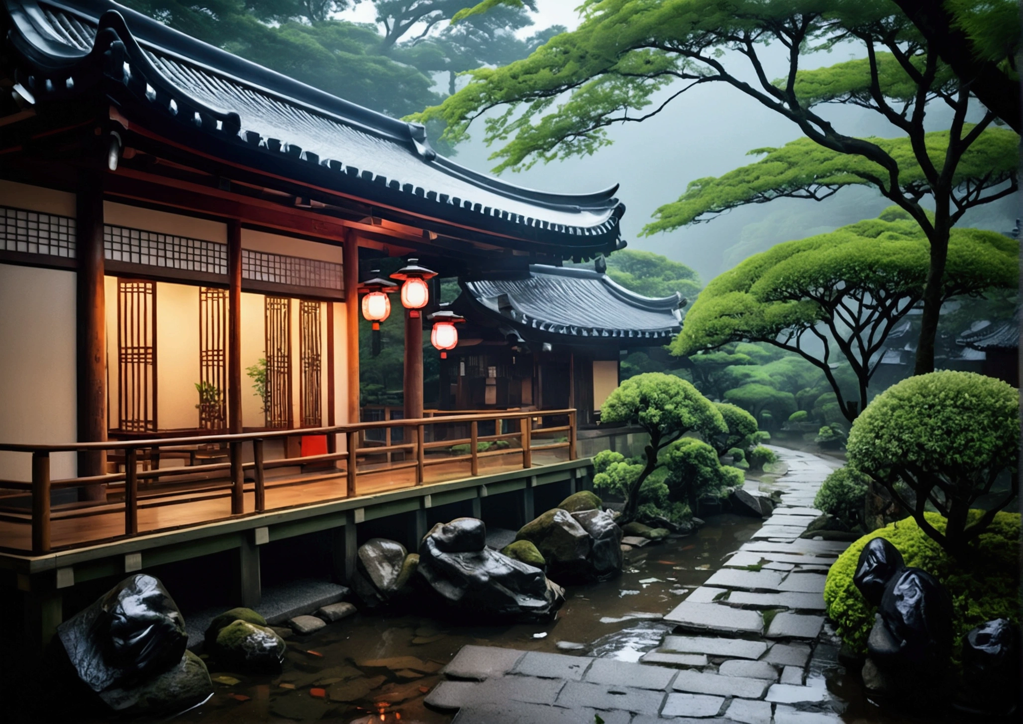 a traditional Japanese house surrounded by a lush, misty garden with a pond and stone walkways. The temple has ornate roofs and lanterns, set against a backdrop of mountains and stormy skies