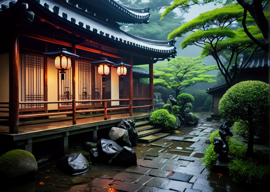 a traditional Japanese house surrounded by a lush, misty garden with a pond and stone walkways. The temple has ornate roofs and lanterns, set against a backdrop of mountains and stormy skies